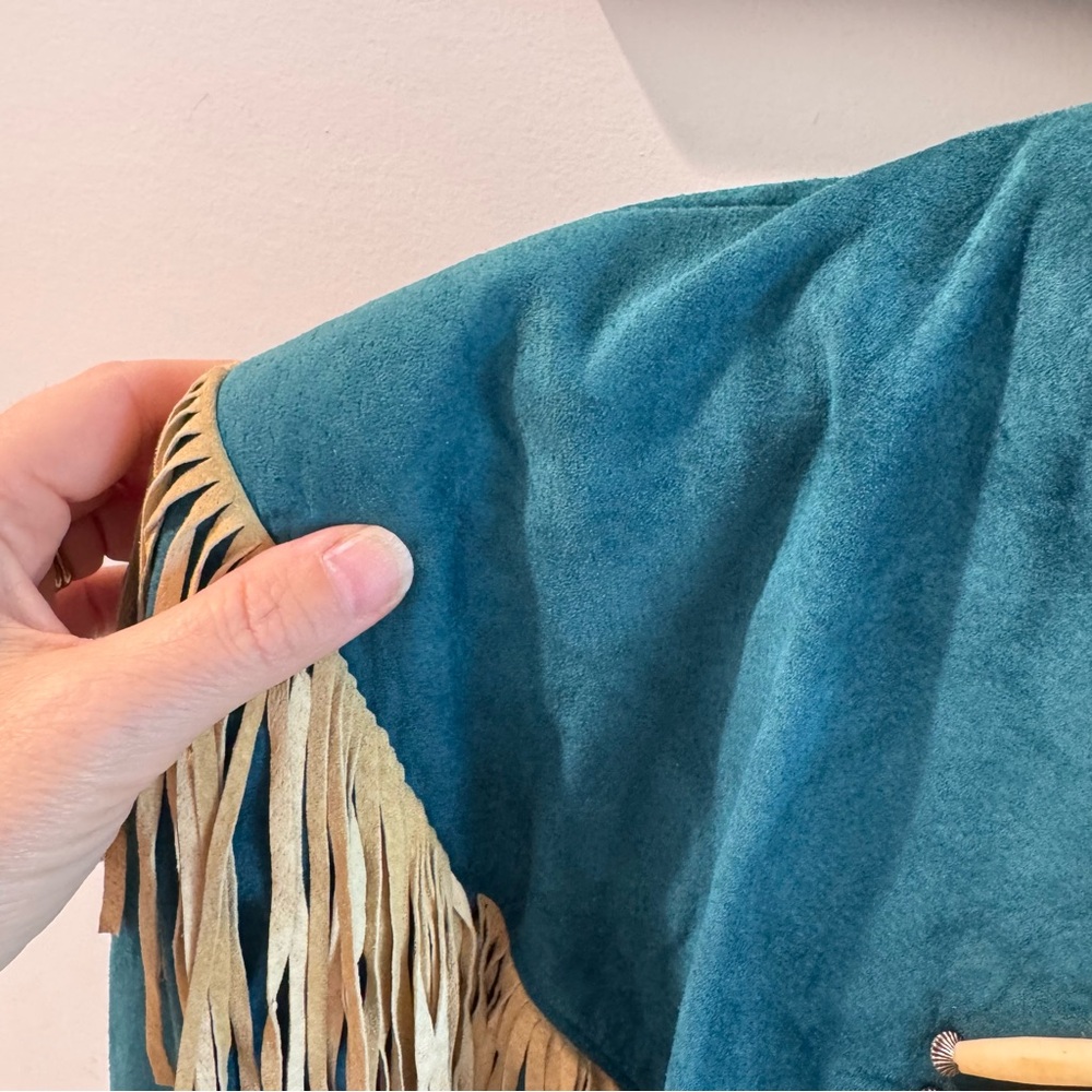 Vintage Teal Leather Jacket with Fringe - Picture 10 of 10